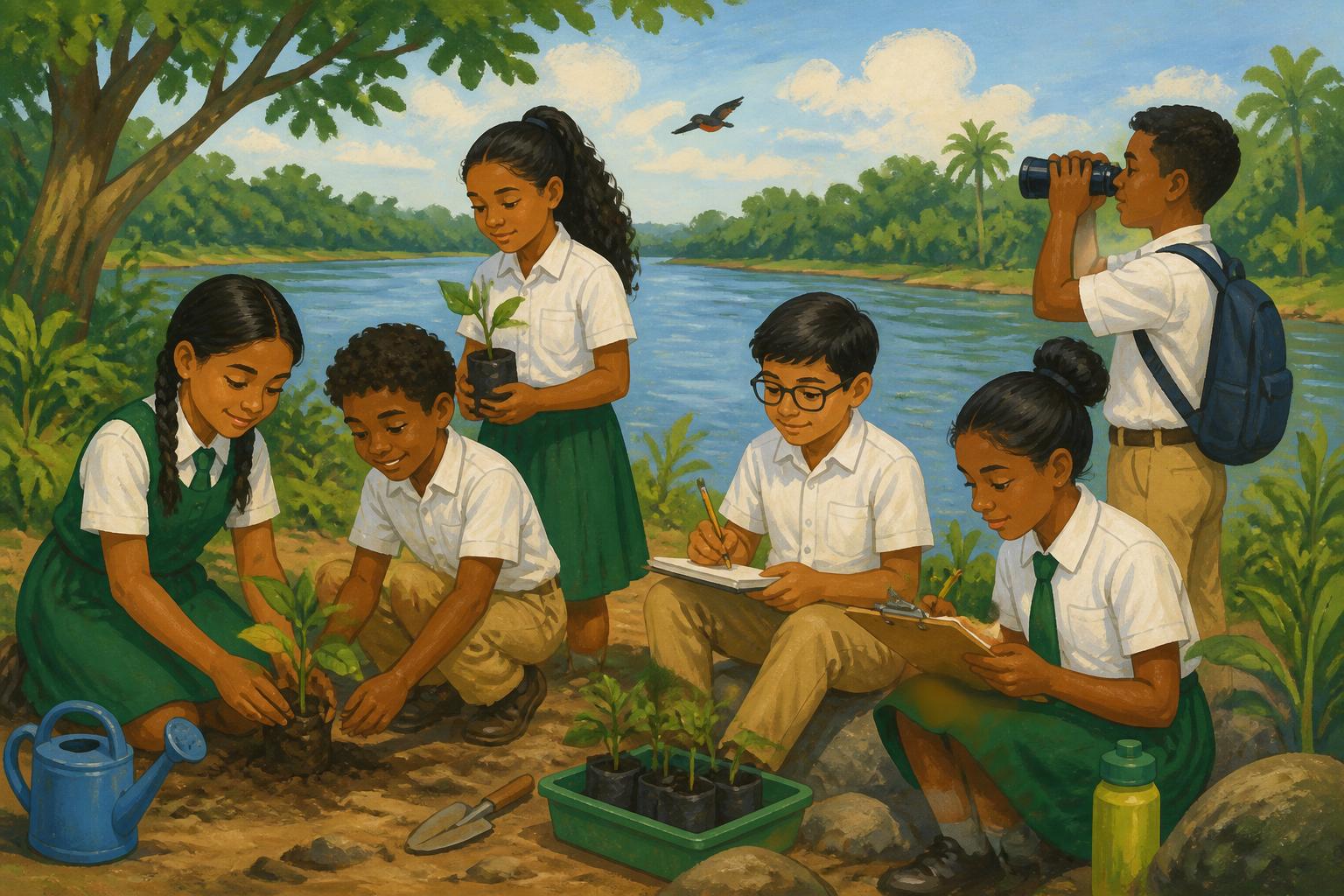 Students from a Guyanese environmental club planting seedlings and taking field notes by a river