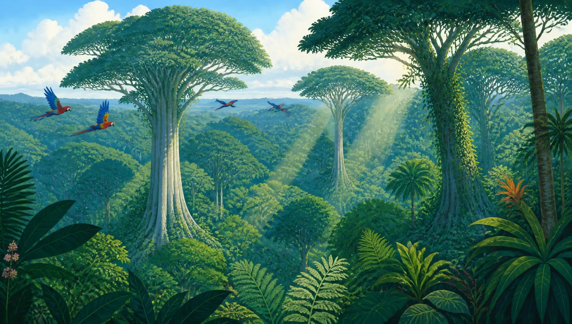 Illustrated Guyanese rainforest canopy with giant kapok trees and macaws