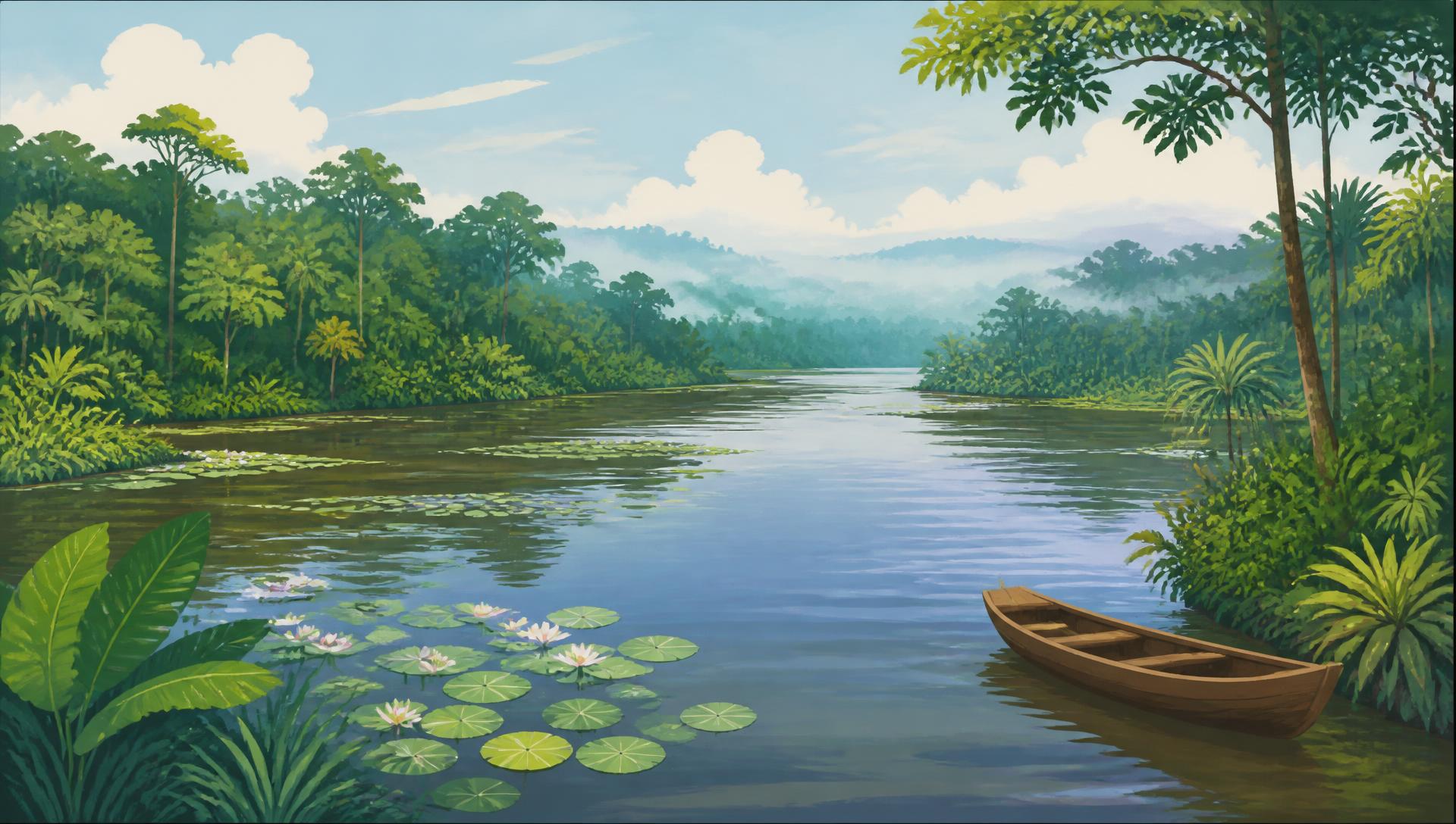 Illustrated Guyanese river winding through rainforest with lily pads